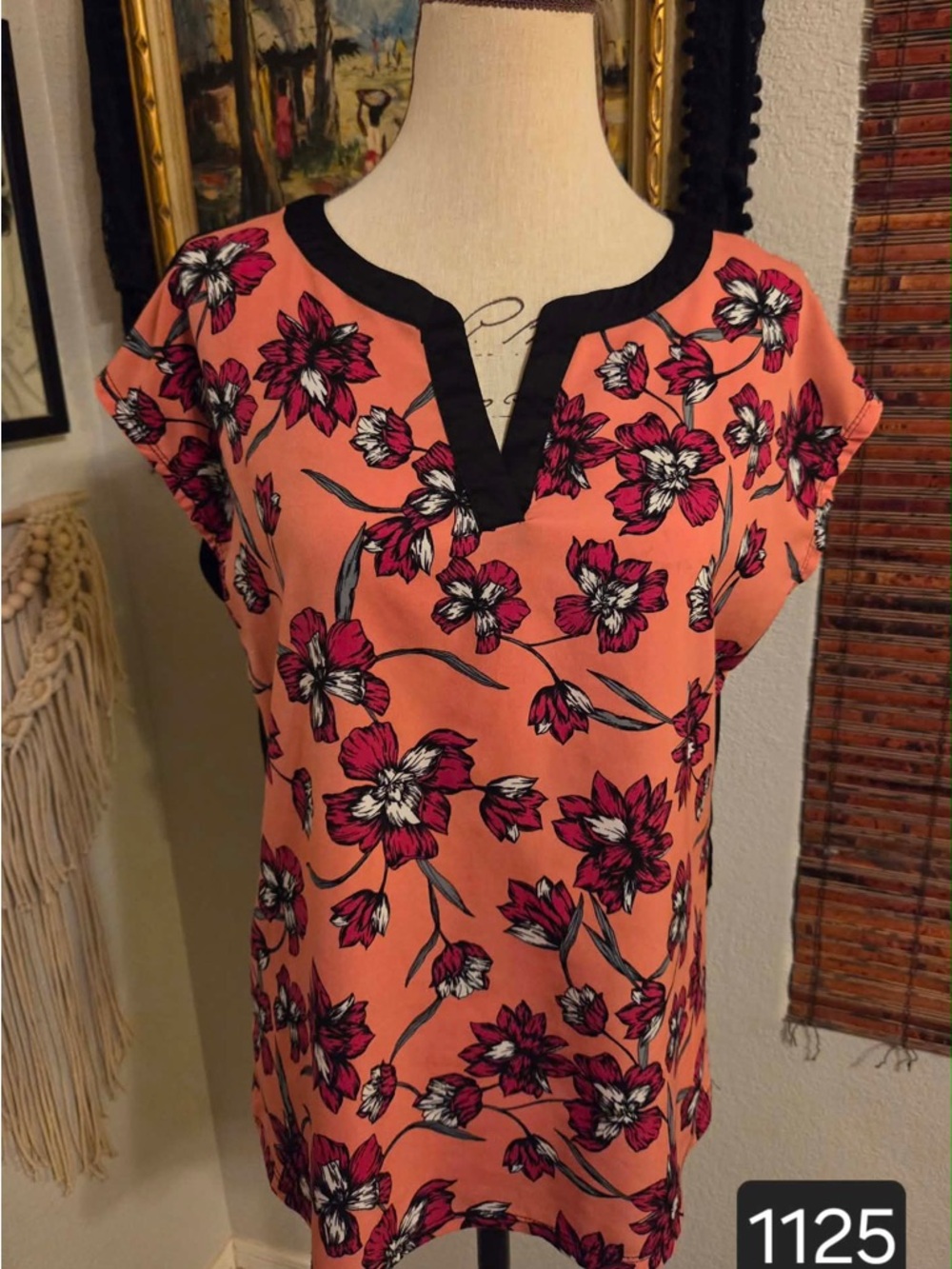 Marc New York Coral Floral Split-Neck Top with Black Trim
